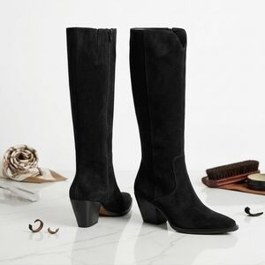 Black Genuine Suede Heeled Boots